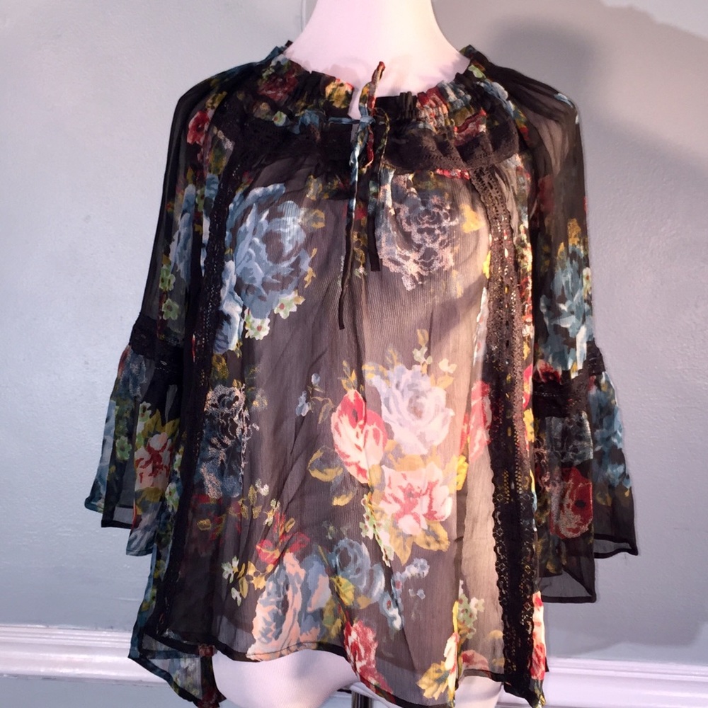 BKE Sheer Blouse with Lace Trim